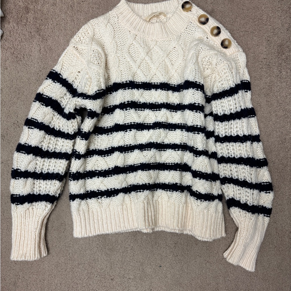 Sezane Striped Cream and Black Sweater with Button - Picture 7 of 8
